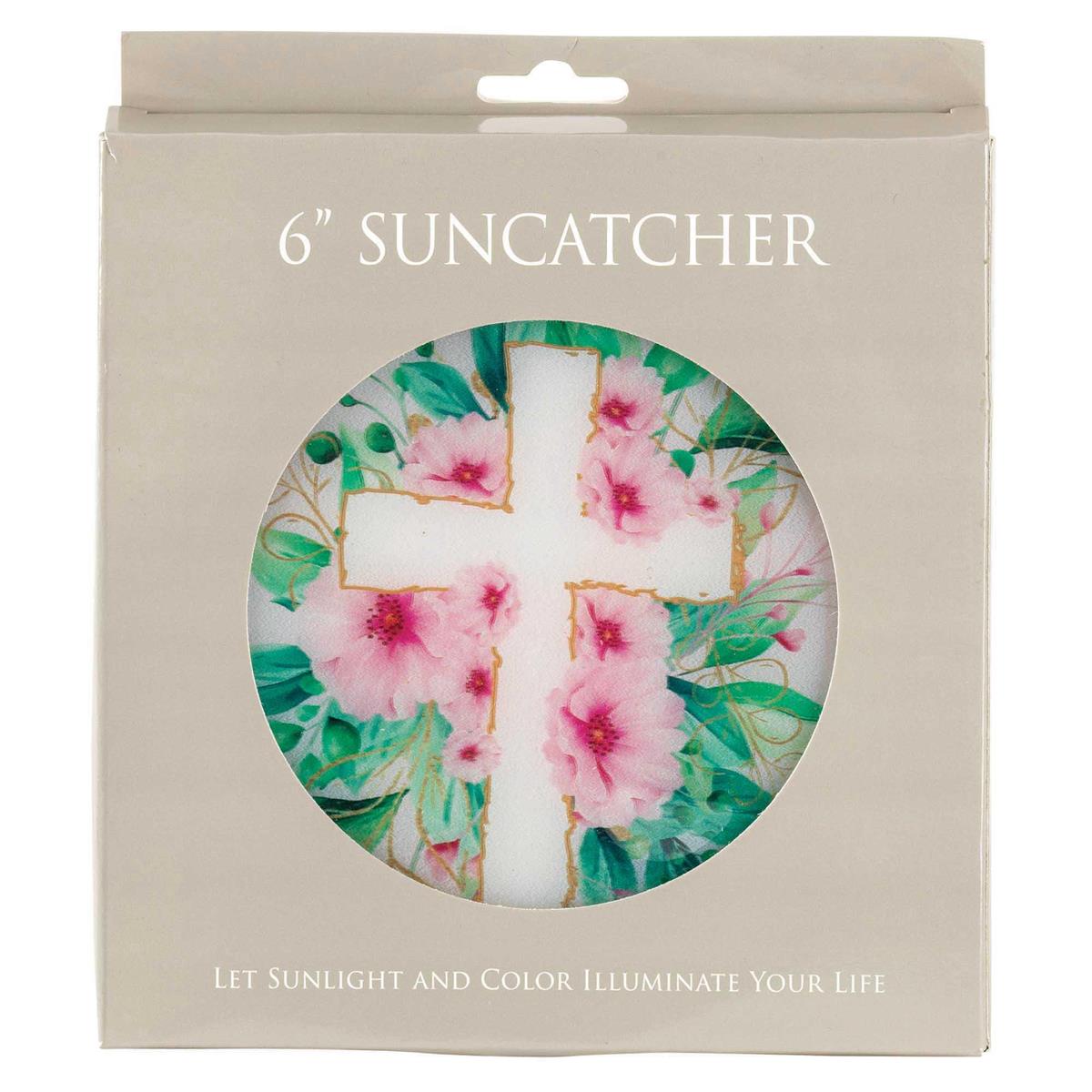 Pink Floral Cross Round 6 x 6 Glass Decorative Sun Catcher with Suction Cup by Dicksons, product view 2