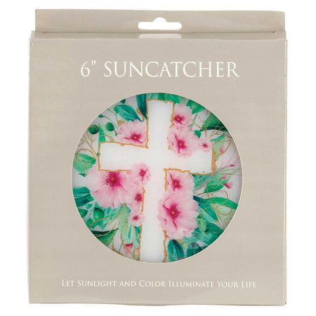 Pink Floral Cross Round 6 x 6 Glass Decorative Sun Catcher with Suction Cup by Dicksons, product view 2