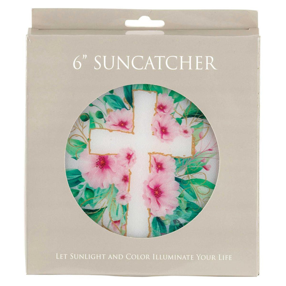 Pink Floral Cross Round 6 x 6 Glass Decorative Sun Catcher with Suction Cup by Dicksons, product view 2