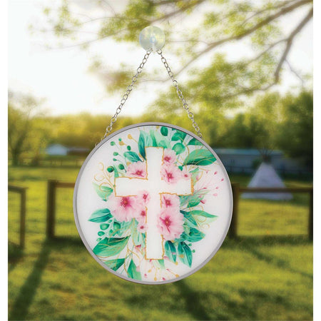 Pink Floral Cross Round 6 x 6 Glass Decorative Sun Catcher with Suction Cup by Dicksons, product view 3