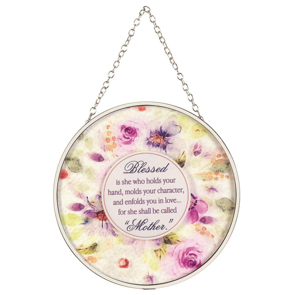 Blessed Mother Purple Floral 6 x 6 Glass Sun Catcher with Suction Cup by Dicksons