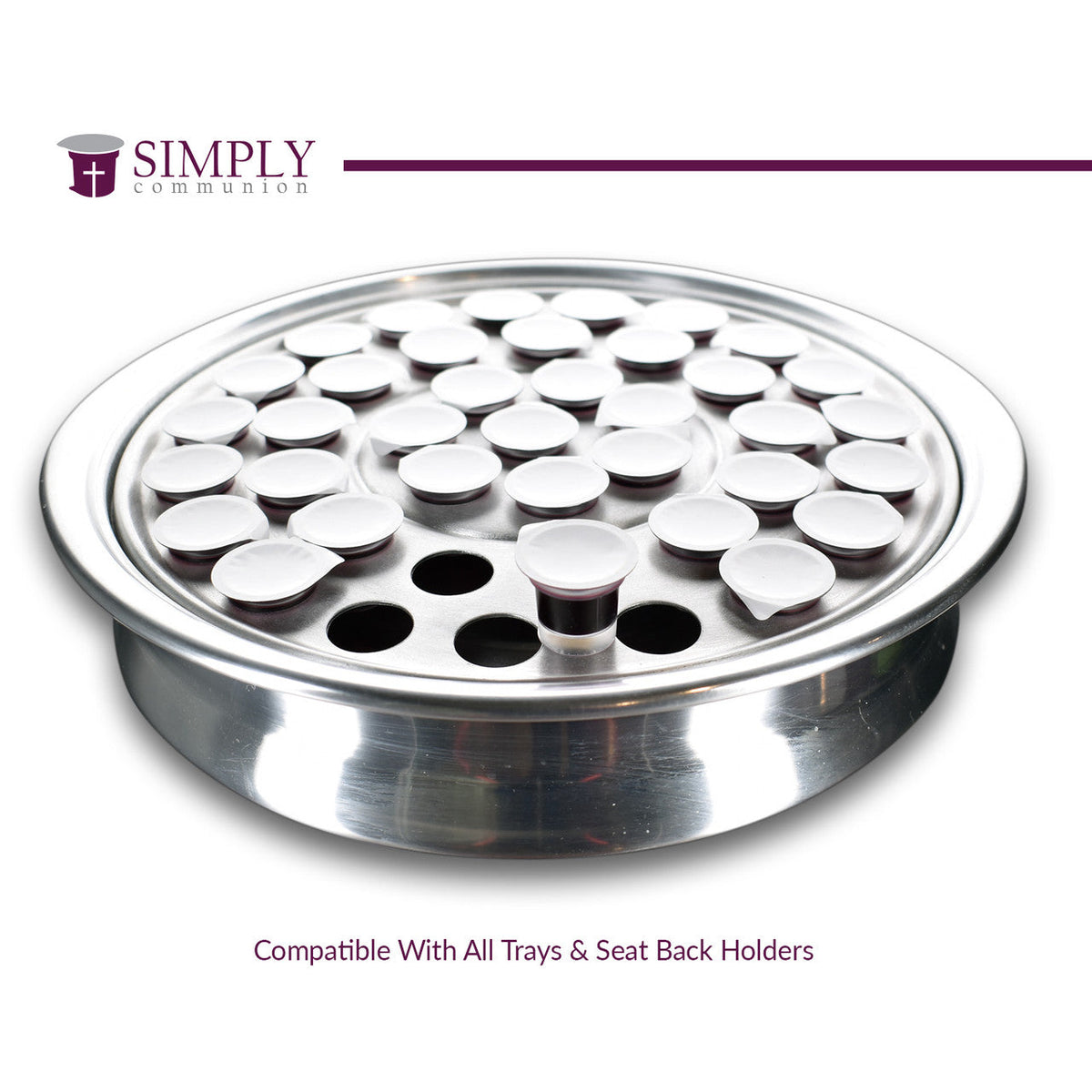 Silver communion tray filled with sealed Simply prefilled communion cups