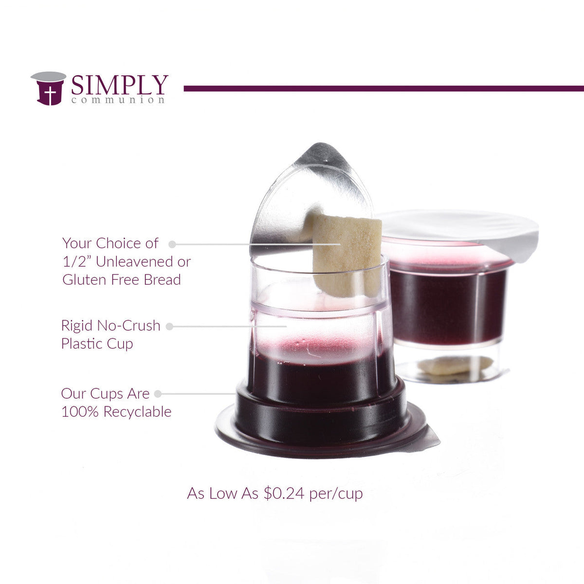Single Simply Communion cup with lid partially lifted showing bread and grape juice