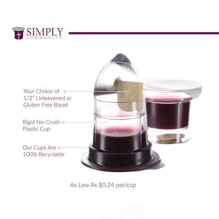Single Simply Communion cup with lid partially lifted showing bread and grape juice