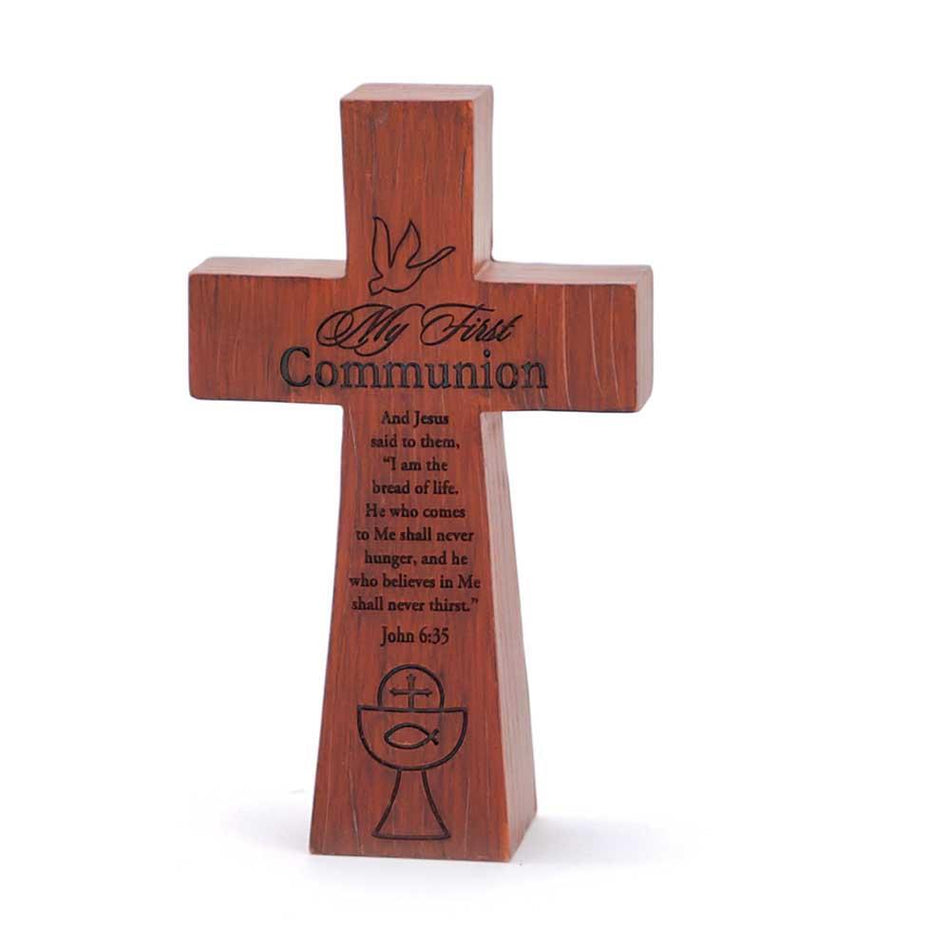 My First Communion John 6:35 Woodgrain 7 x 5.5 Resin Stone Table Top Cross by Dicksons