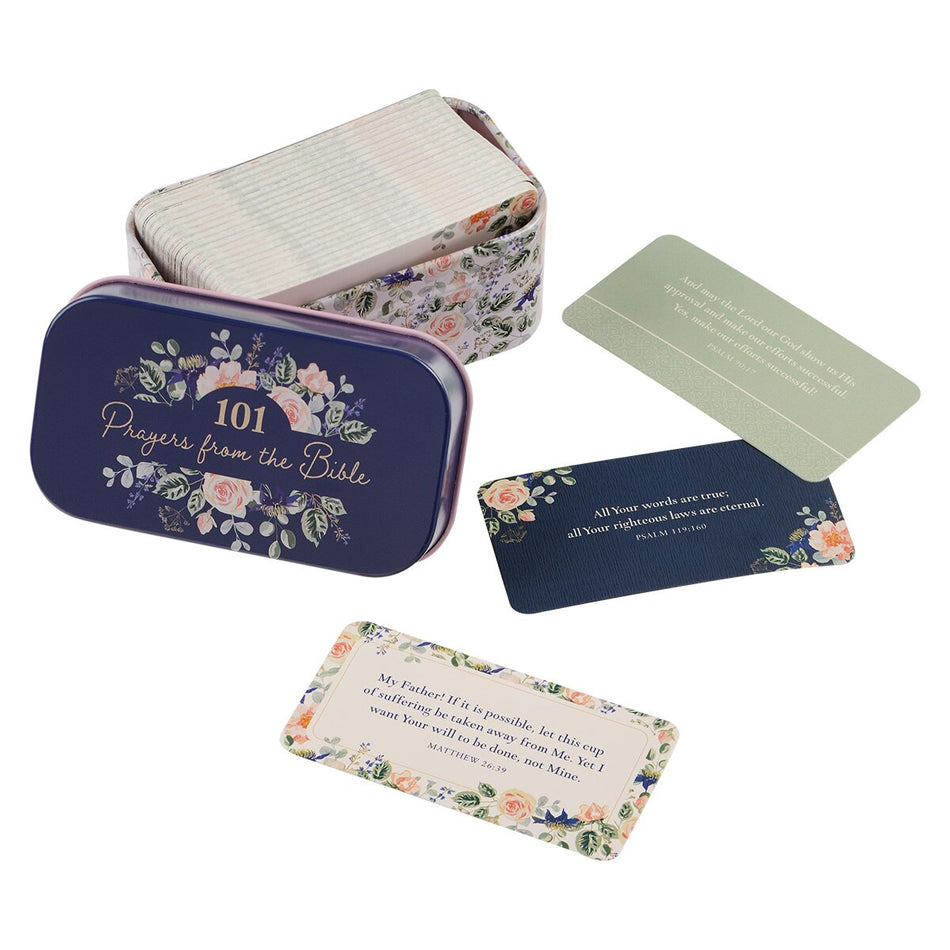 101 Prayers From The Bible Navy Scripture Cards in a Tin by Christian Art Gifts, product view 2