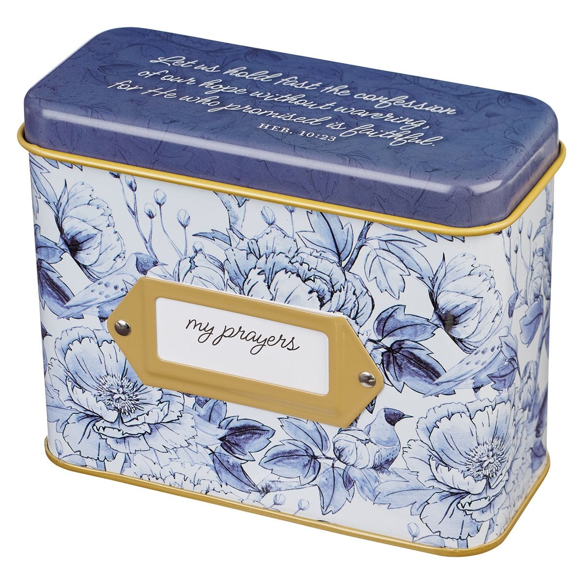 Confession of Our Hope Blue Floral Prayer Cards in Tin - Hebrews 10:23 by Christian Art Gifts