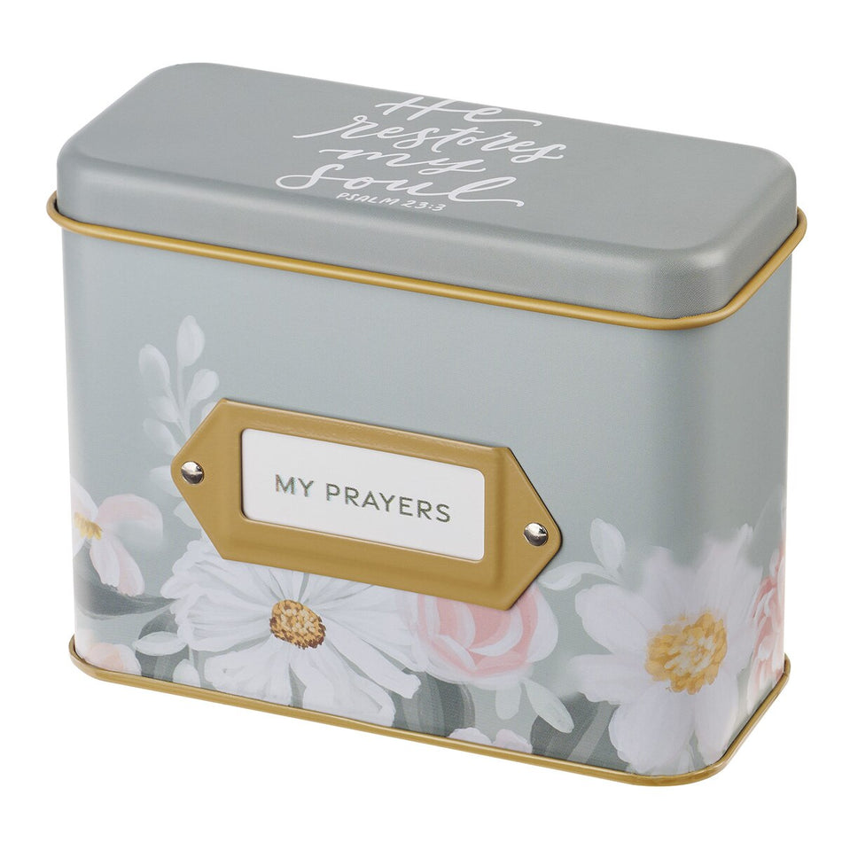 He Restores My Soul Green Floral Garden Prayer Cards in a Tin - Psalm 23:3 by Christian Art Gifts, product view 2