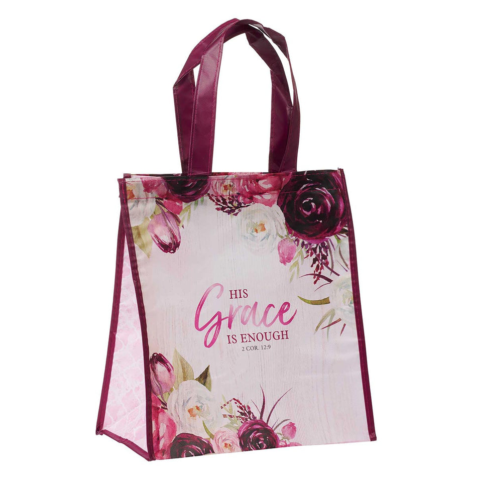 His Grace is Enough Plum Pink Non-Woven Tote Bag - 2 Corinthians 12:9 by Christian Art Gifts, product view 2