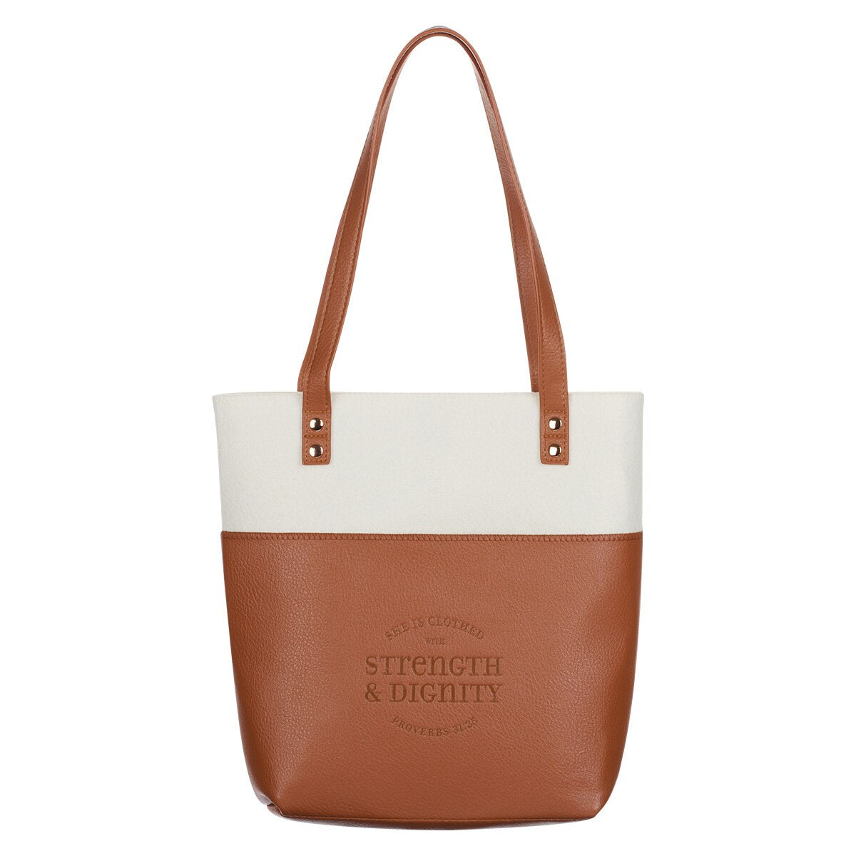 Strength & Dignity Two-tone Toffee and Cream Felt Fashion Bible Tote Bag - Proverbs 31:25 by Christian Art Gifts