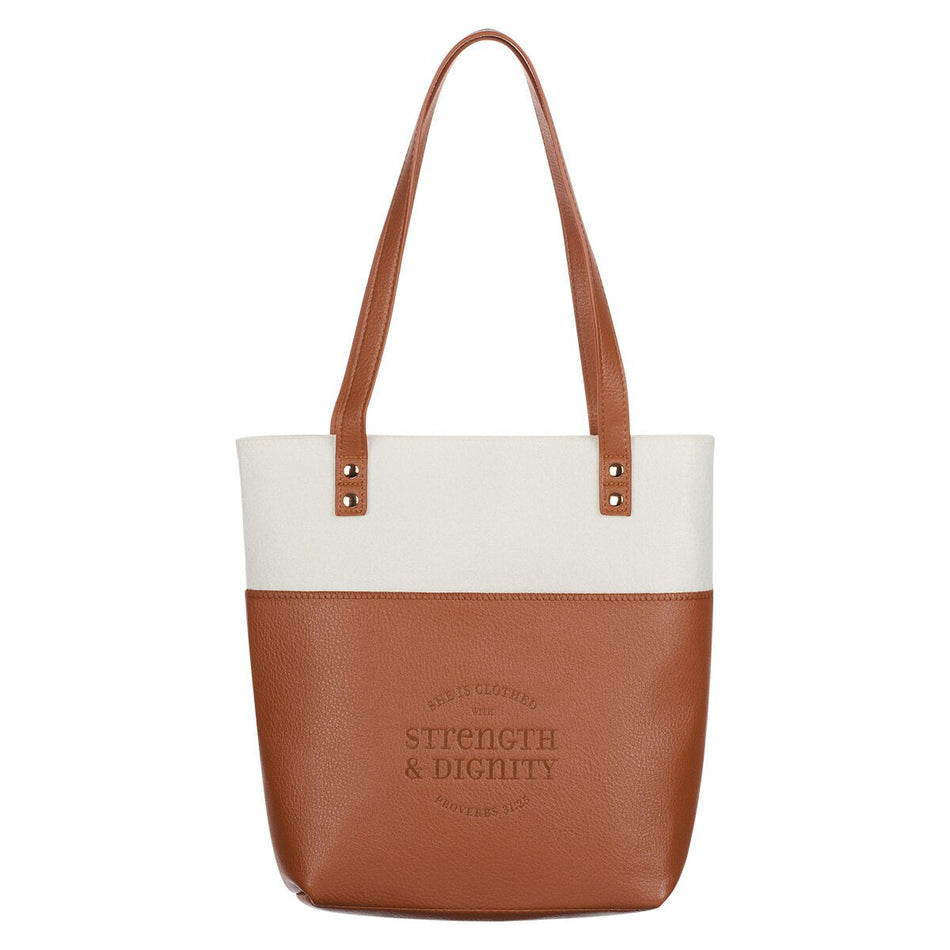 Strength & Dignity Two-tone Toffee and Cream Felt Fashion Bible Tote Bag - Proverbs 31:25 by Christian Art Gifts