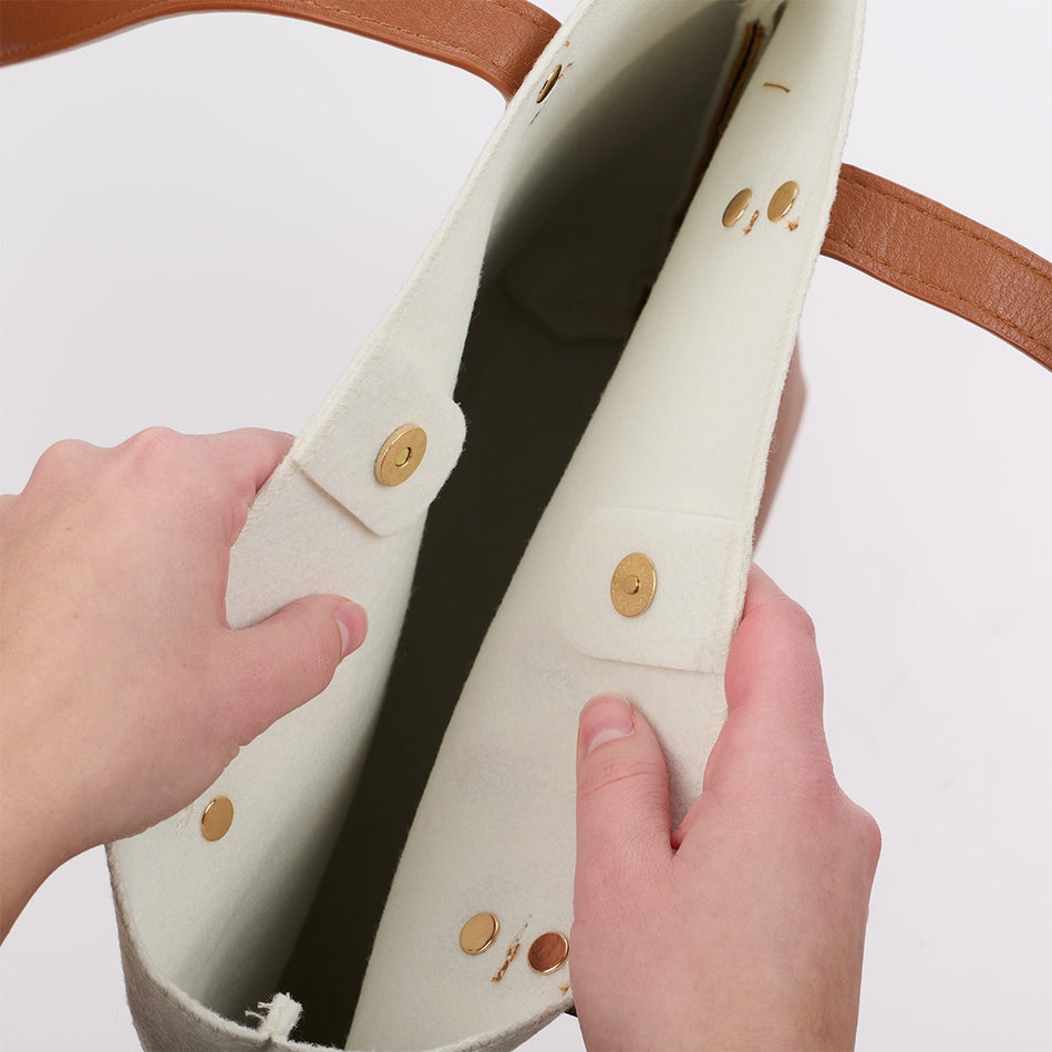 Strength & Dignity Two-tone Toffee and Cream Felt Fashion Bible Tote Bag - Proverbs 31:25, product view 2