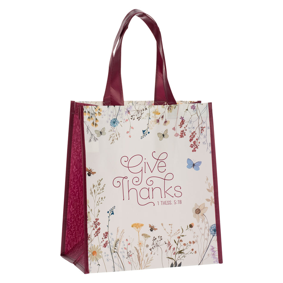 Give Thanks Topsy-Turvy Wildflower Non-Woven Coated Tote Bag - 1 Thessalonians 5:18 by Christian Art Gifts, product view 2