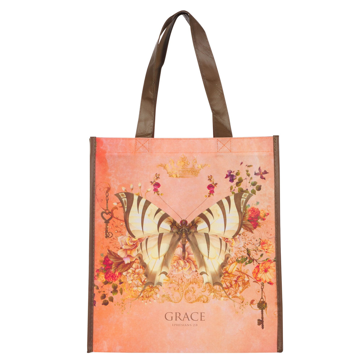 Grace Butterfly Orange Non-Woven Coated Tote Bag - Ephesians 2:8 by Christian Art Gifts
