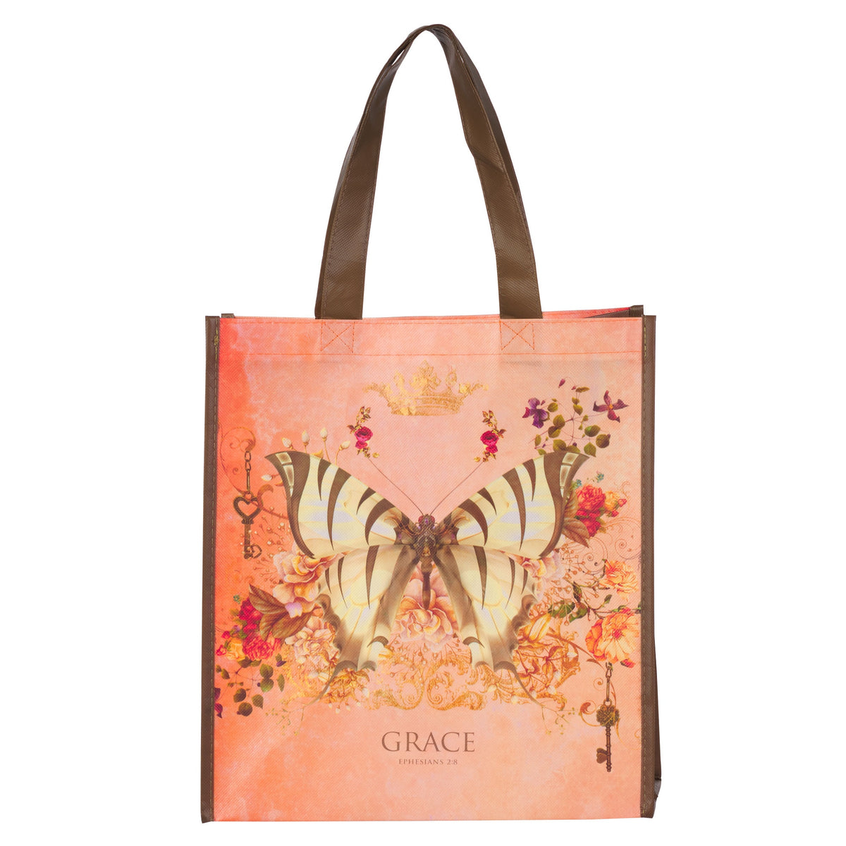 Grace Butterfly Orange Non-Woven Coated Tote Bag - Ephesians 2:8 by Christian Art Gifts, product view 3