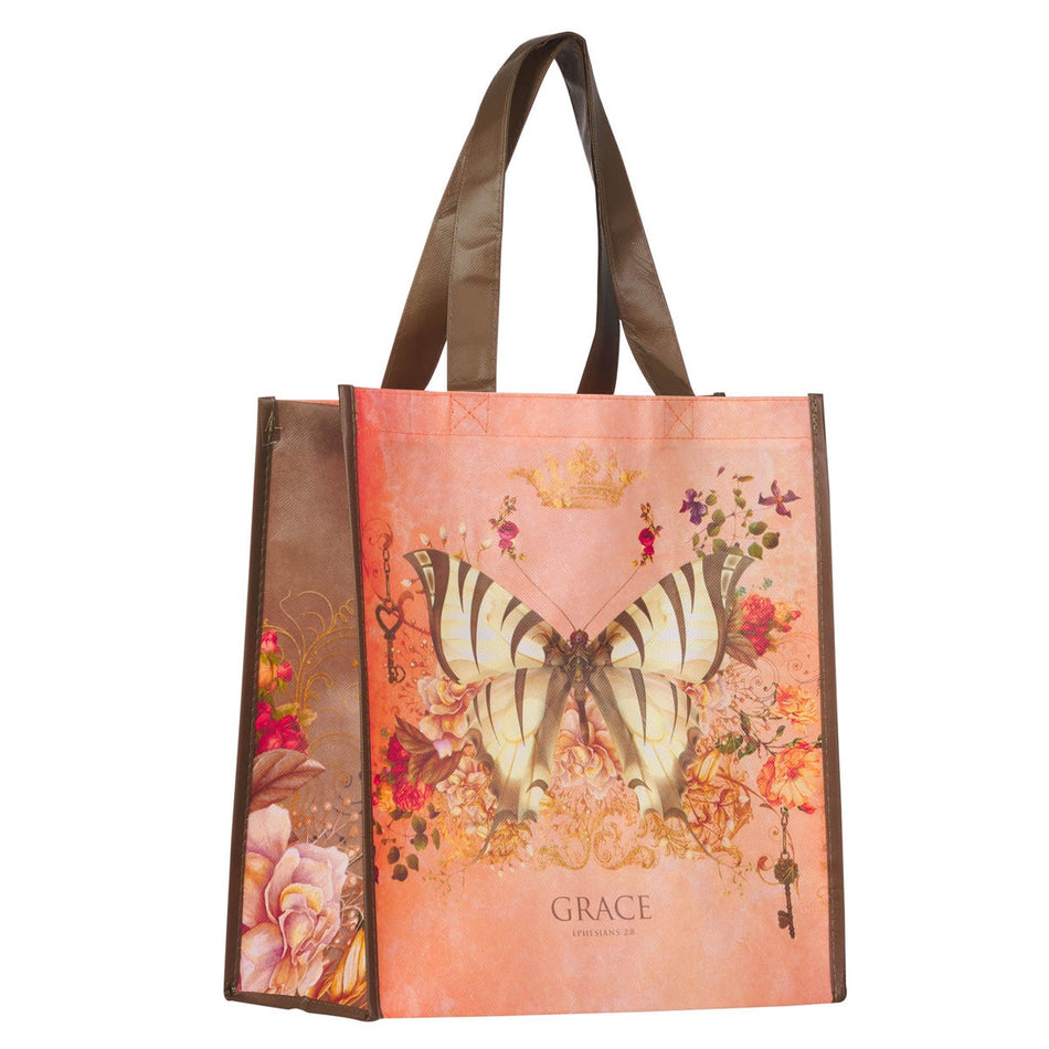 Grace Butterfly Orange Non-Woven Coated Tote Bag - Ephesians 2:8 by Christian Art Gifts, product view 2
