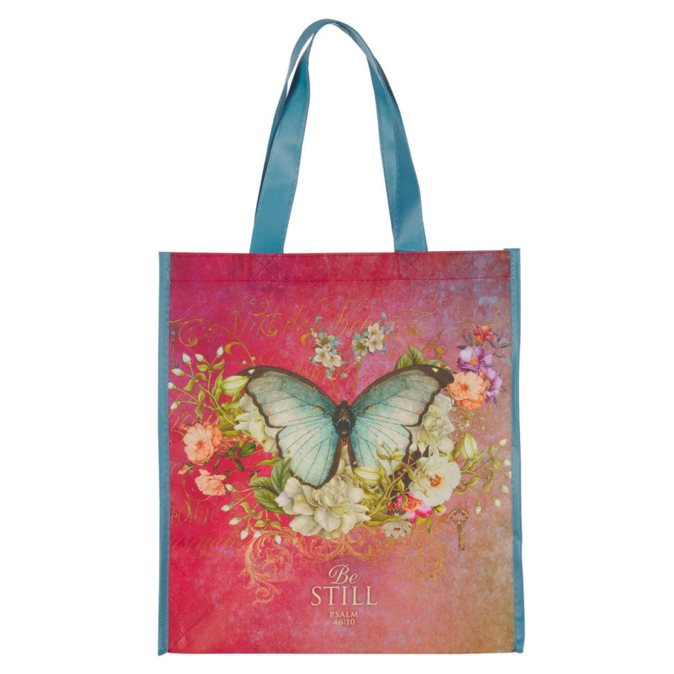 Be Still Butterfly Pink Non-Woven Coated Tote Bag - Psalm 46:10 by Christian Art Gifts