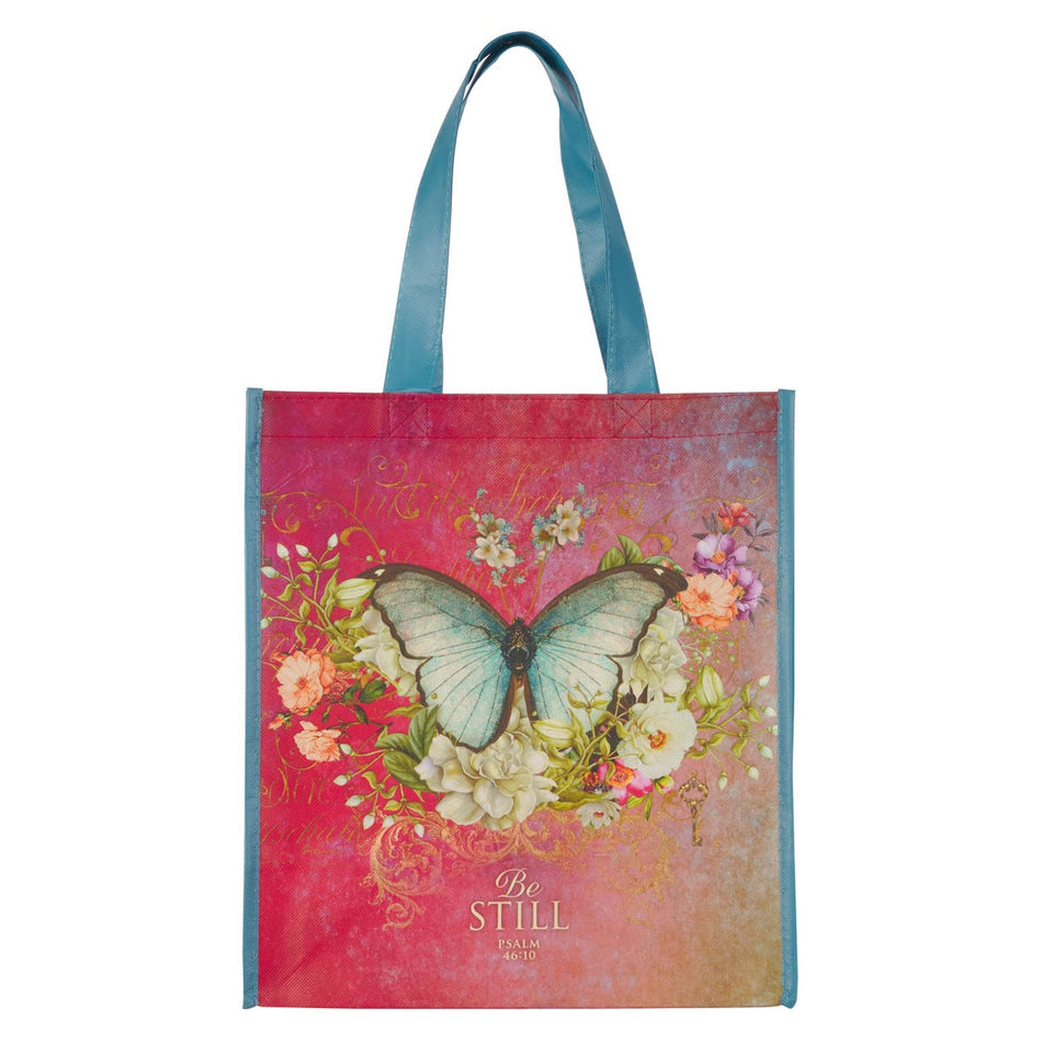 Be Still Butterfly Pink Non-Woven Coated Tote Bag - Psalm 46:10 by Christian Art Gifts, product view 2