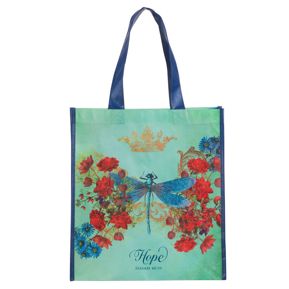 Hope Dragonfly Teal Non-Woven Coated Tote Bag - Isaiah 40:31 by Christian Art Gifts