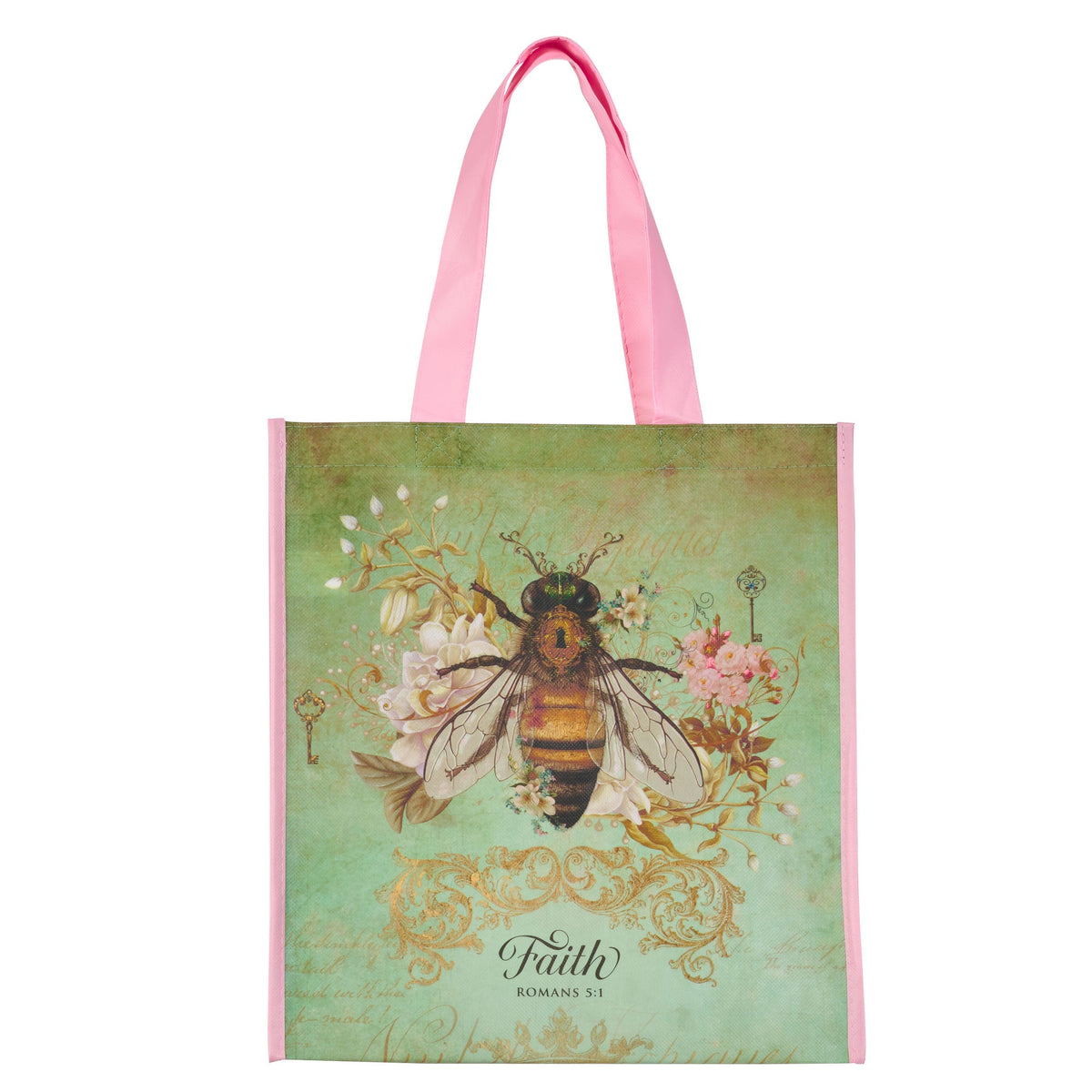 Faith Bee Green Non-Woven Coated Tote Bag - Romans 5:1 by Christian Art Gifts