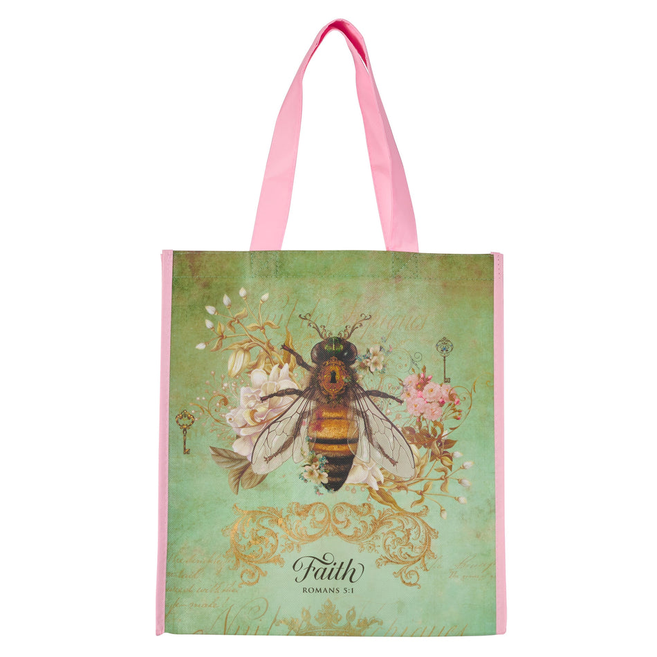 Faith Bee Green Non-Woven Coated Tote Bag - Romans 5:1 by Christian Art Gifts, product view 2