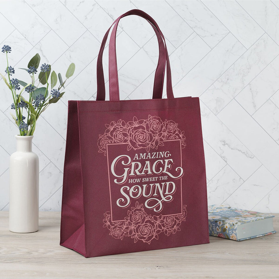 Amazing Grace Burgundy Reusable Non-woven Shopping Tote Bag by Christian Art Gifts, product view 2