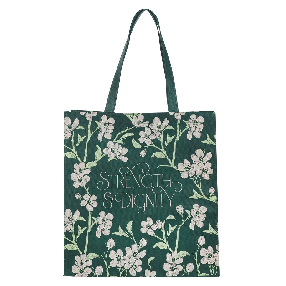 Strength and Dignity Green Floral Reusable Non-woven Shopping Tote Bag - Proverbs 31:25 by Christian Art Gifts