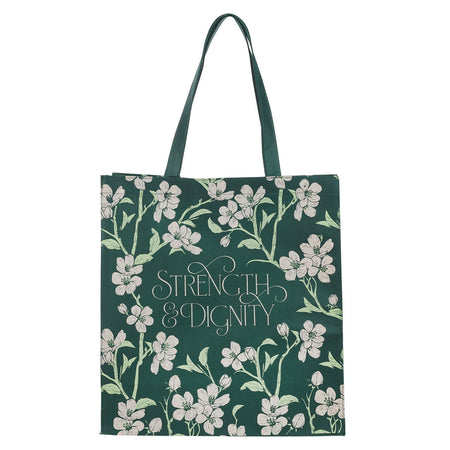 Strength and Dignity Green Floral Reusable Non-woven Shopping Tote Bag - Proverbs 31:25 by Christian Art Gifts