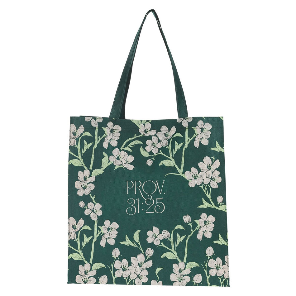 Strength and Dignity Green Floral Reusable Non-woven Shopping Tote Bag - Proverbs 31:25, product view 2