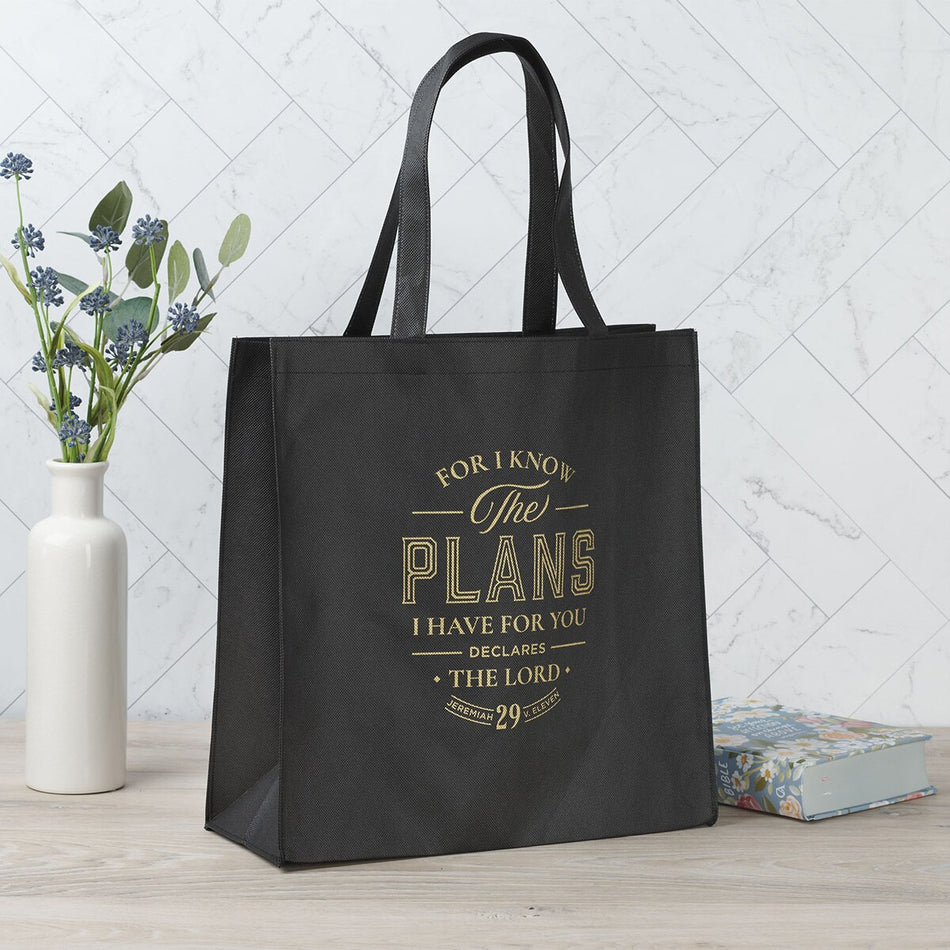 The Plans Black Reusable Non-woven Shopping Tote Bag - Jeremiah 29:11 by Christian Art Gifts, product view 2
