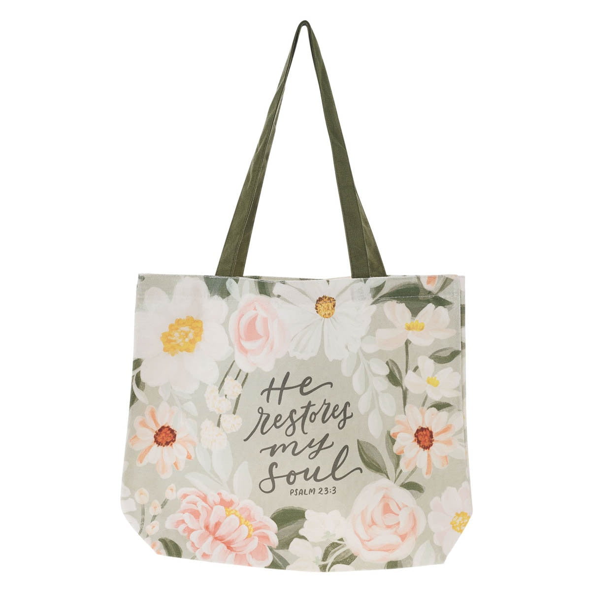 He Restores My Soul Green Floral Garden Tote Bag - Psalm 23:3 by Christian Art Gifts
