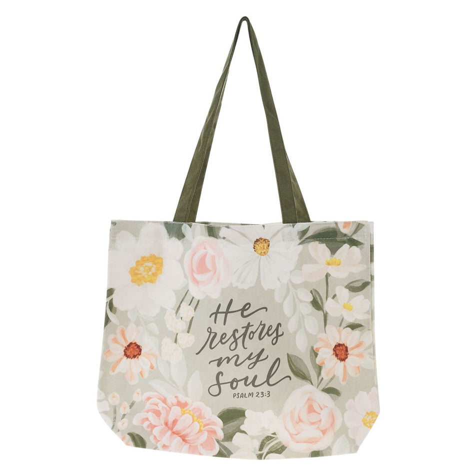 He Restores My Soul Green Floral Garden Tote Bag - Psalm 23:3 by Christian Art Gifts