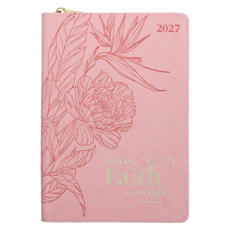 2027 Walk by Faith Pink Faux Leather Executive Planner with Zipper Closure - 2 Corinthians 5:7 by Christian Art Gifts