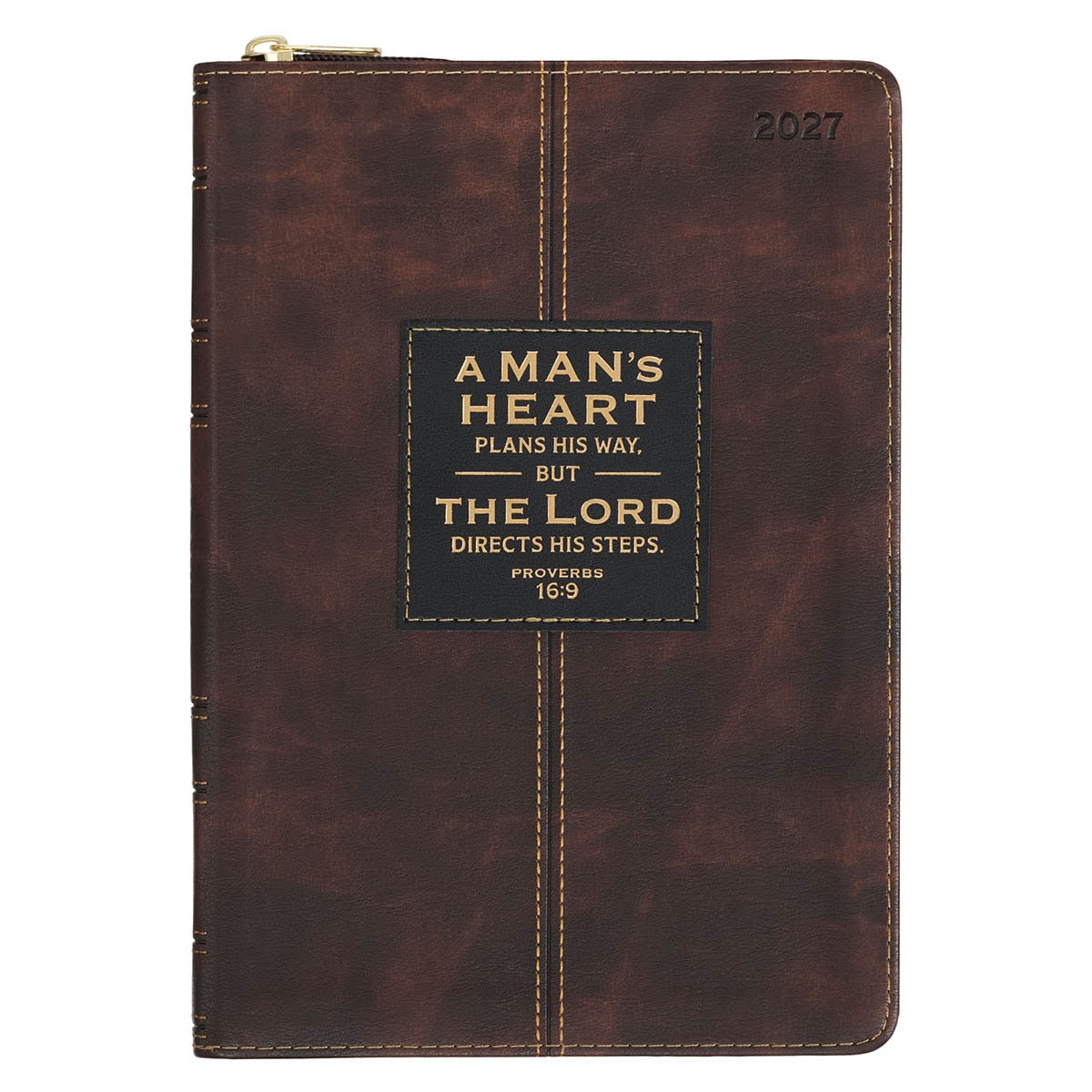 2027 A Man's Heart Smoked Walnut Faux Leather Executive Planner with Zipper Closure - Proverbs 16:9 by Christian Art Gifts