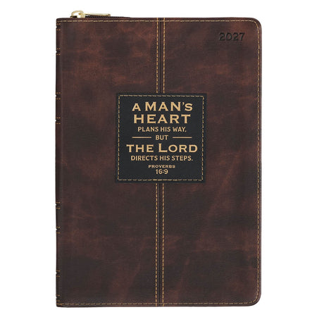 2027 A Man's Heart Smoked Walnut Faux Leather Executive Planner with Zipper Closure - Proverbs 16:9 by Christian Art Gifts