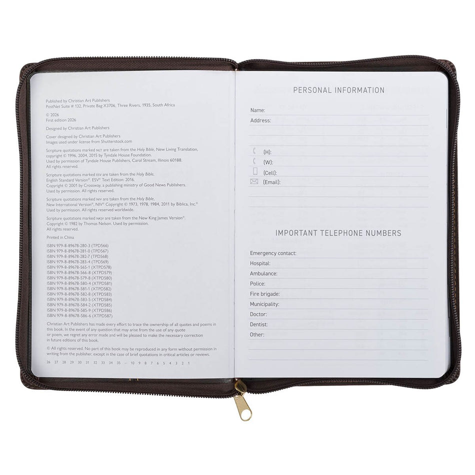 2027 A Man's Heart Smoked Walnut Faux Leather Executive Planner with Zipper Closure - Proverbs 16:9, product view 2
