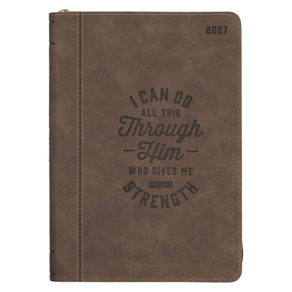 2027 I Can Do All This Truffle Brown Faux Leather Executive Planner with Zipper Closure - Philippians 4:13