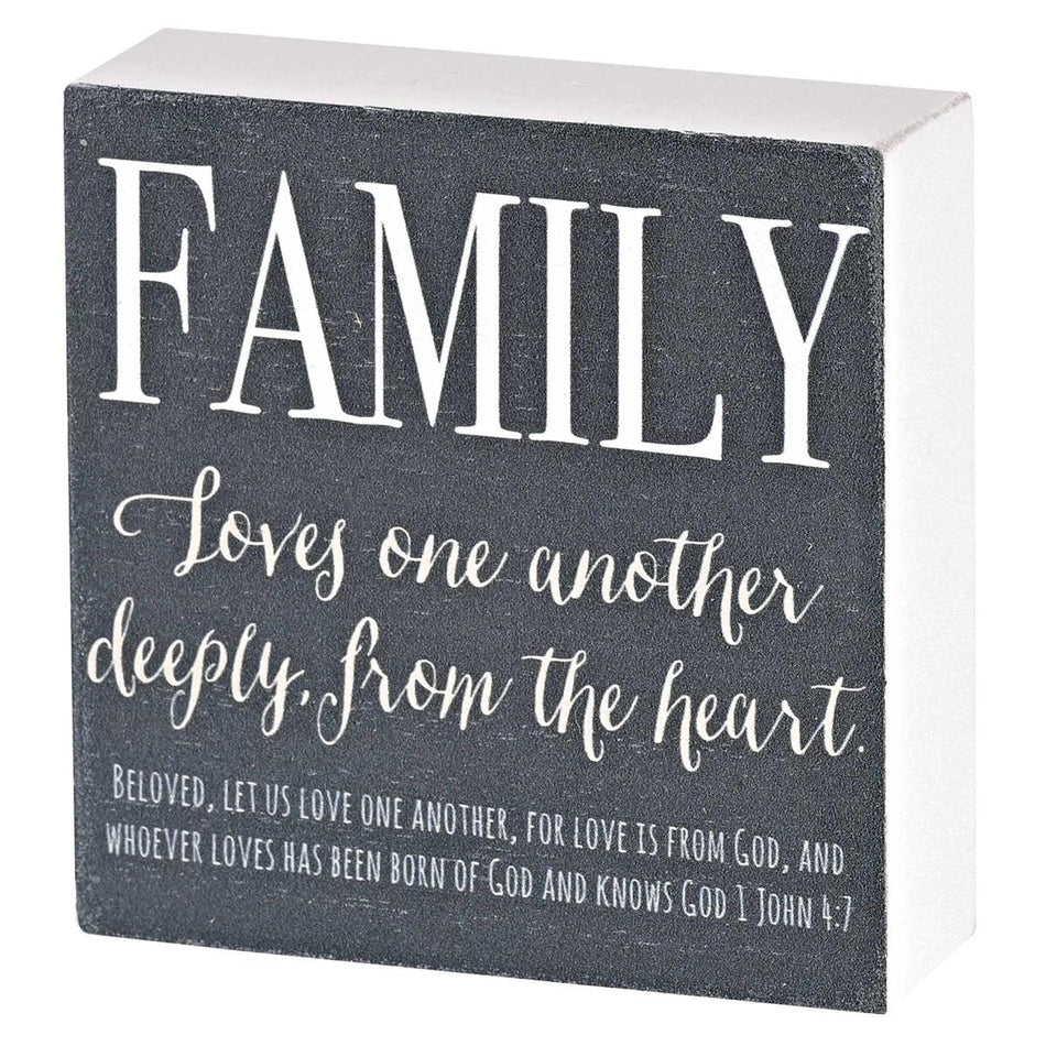 Inspirational Christian Block Sign Tabletop Plaque 3 x 3 Inch MDF Family Loves by Dicksons
