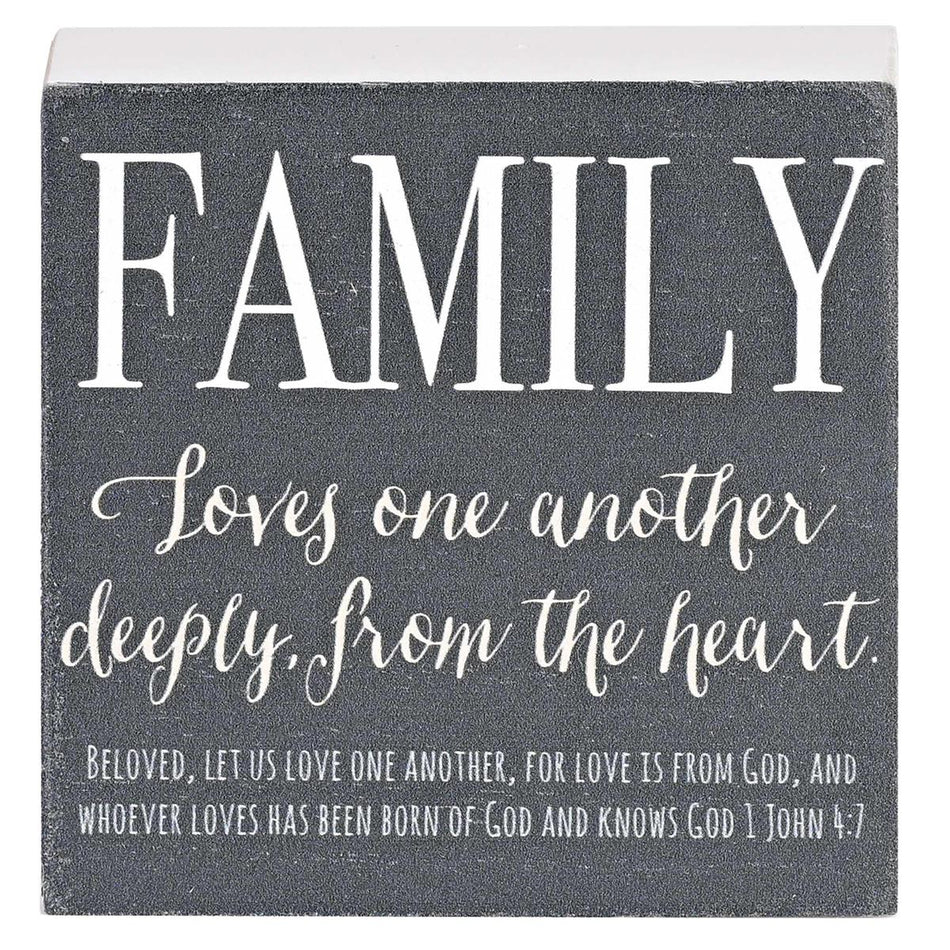 Inspirational Christian Block Sign Tabletop Plaque 3 x 3 Inch MDF Family Loves by Dicksons, product view 2