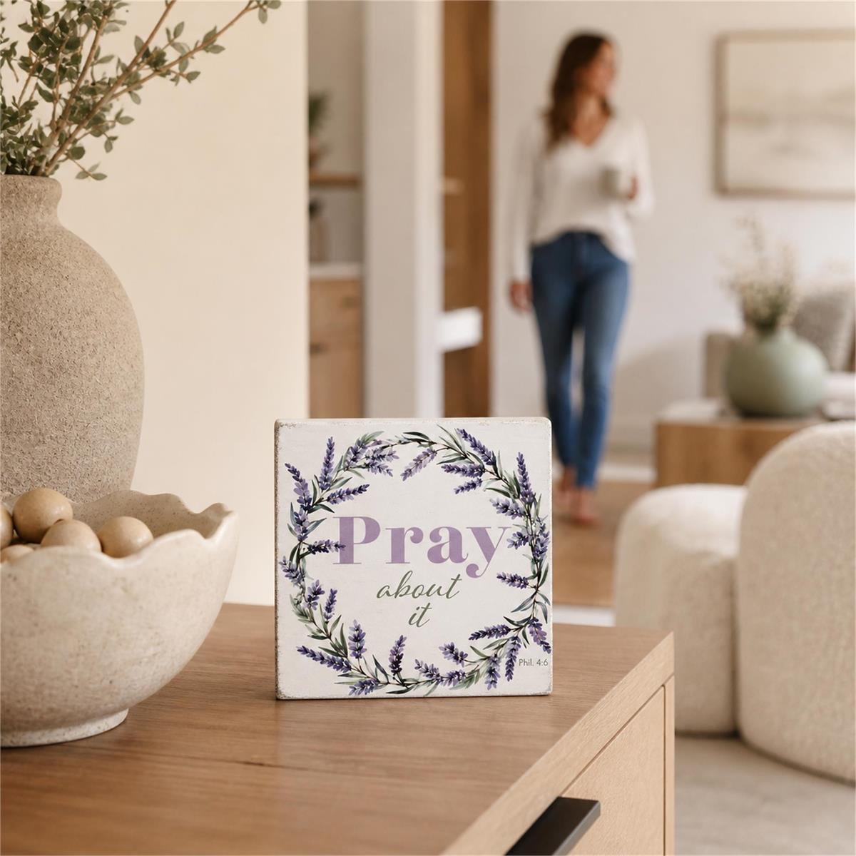 Tabletop Plaque Floral Pray About It 3x3 by Dicksons, product view 6