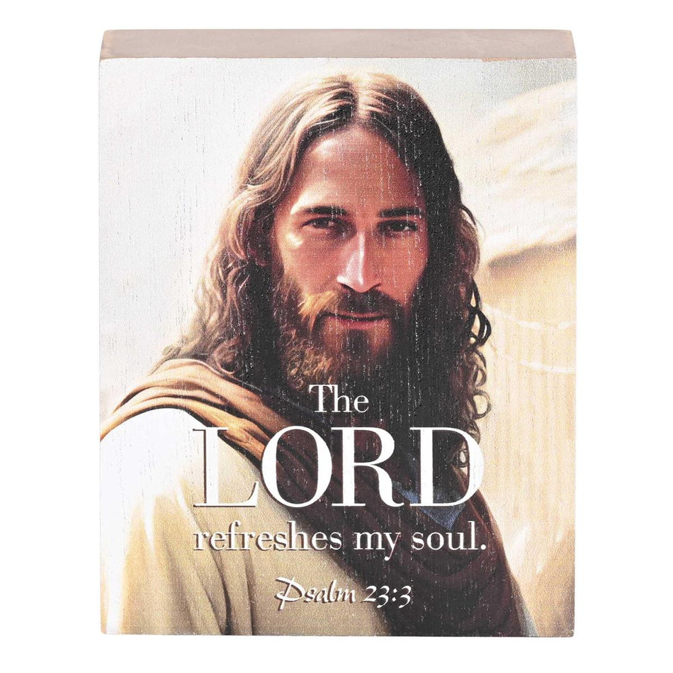 The Lord Refreshes My Soul, Psalm 23:3 Multicolor 4 x 3 Inch MDF Wood Tabletop by Dicksons, product view 2