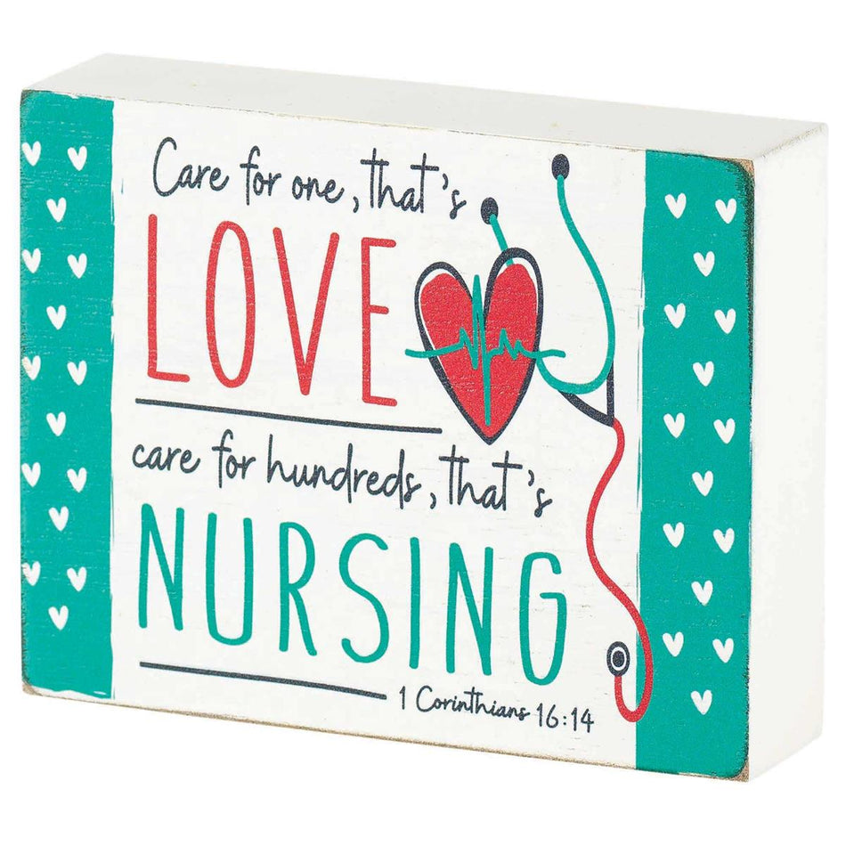 Care Love Nursing Teal Heart 4 x 3 Wood Decorative Tabletop Block Plaque by Dicksons