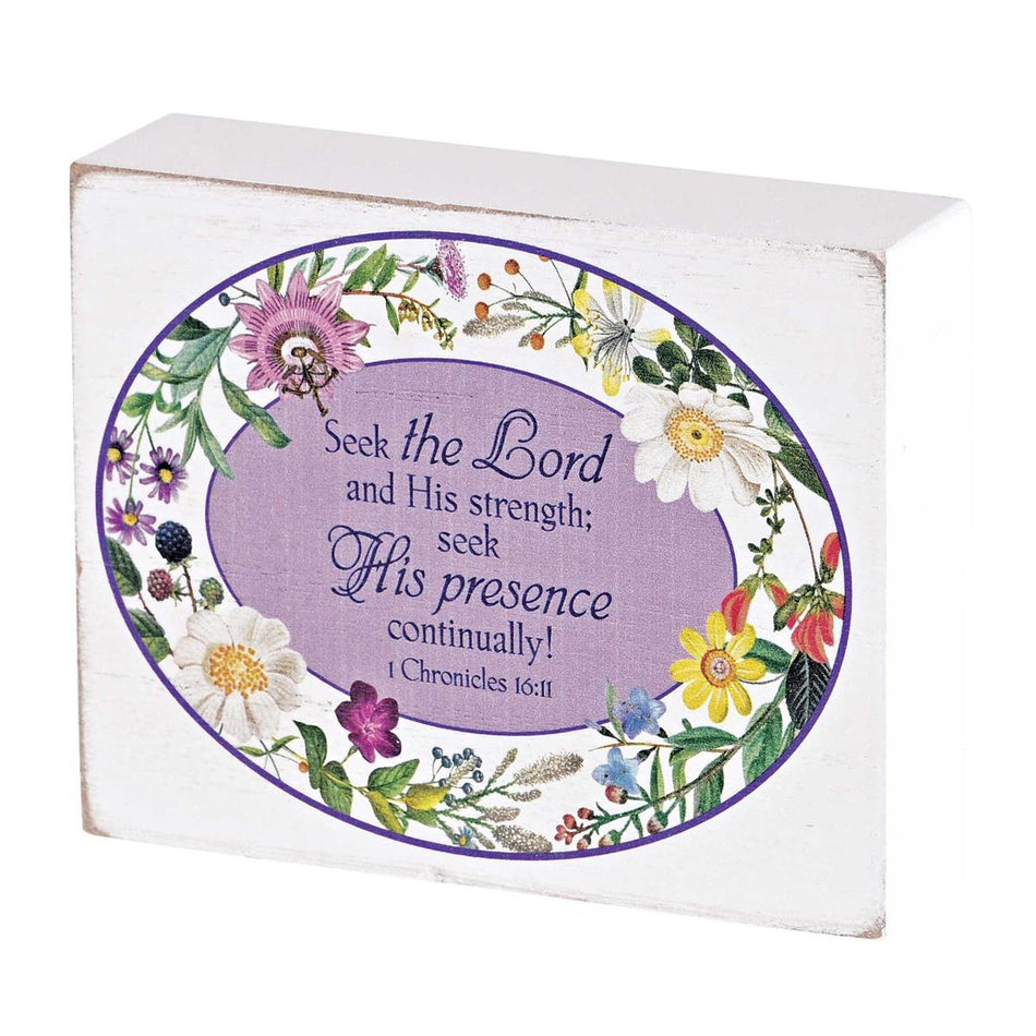 Seek His Presence Continually Purple Floral 3 x 4 Inch MDF Decorative Tabletop by Dicksons