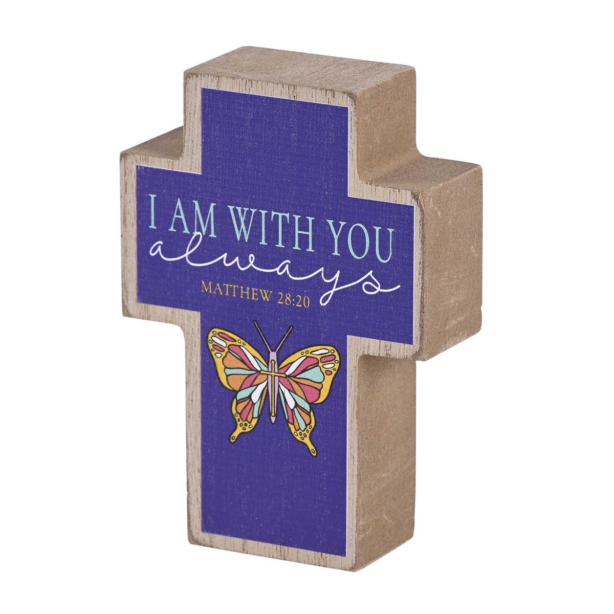 I Am with You Always Butterfly Woodgrain and Purple 3 x 4 Wood Distressed Cross by Dicksons