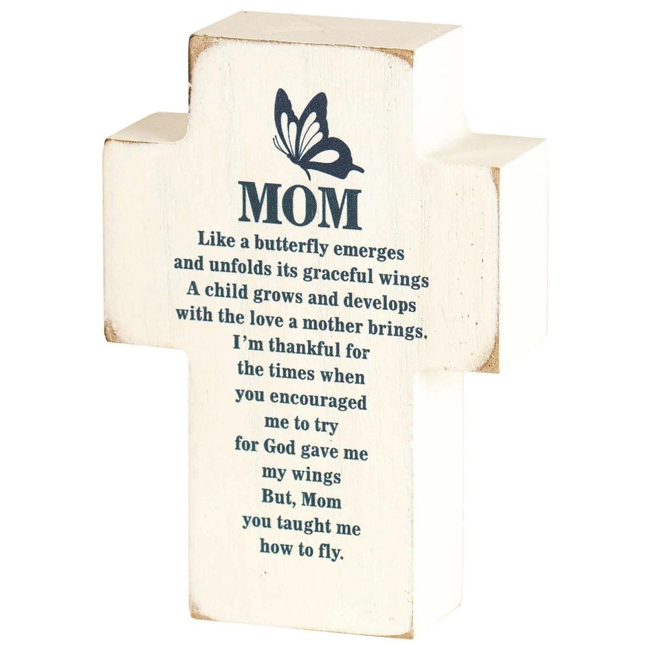 Mom Butterfly Wings Classic White 4 x 3 MDF Wood Tabletop Cross Plaque by Dicksons