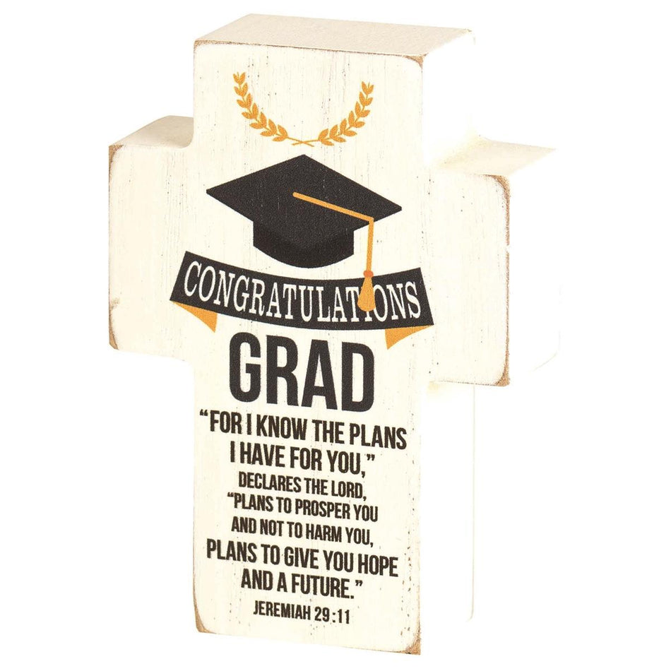 Congratulations Grad Classic White 4 x 3 MDF Wood Tabletop Cross Plaque by Dicksons