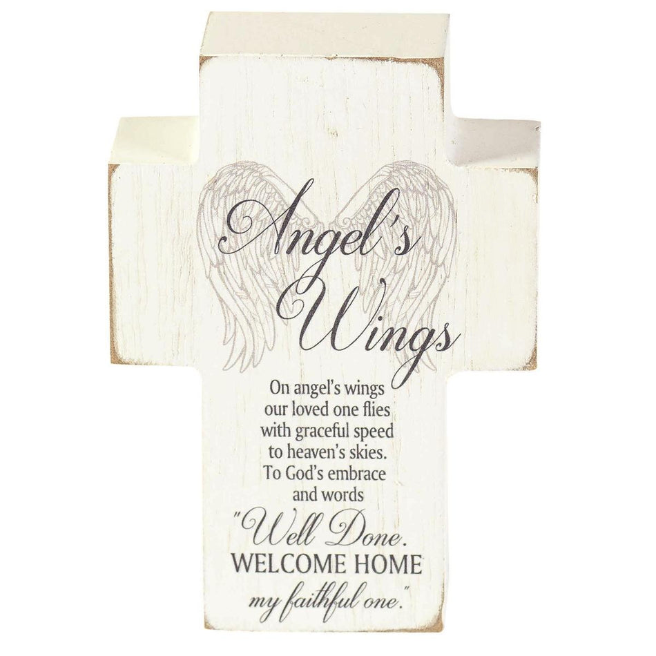 Angel's Wings Bereavement White 4 x 3 MDF Table Top Block Cross by Dicksons, product view 2