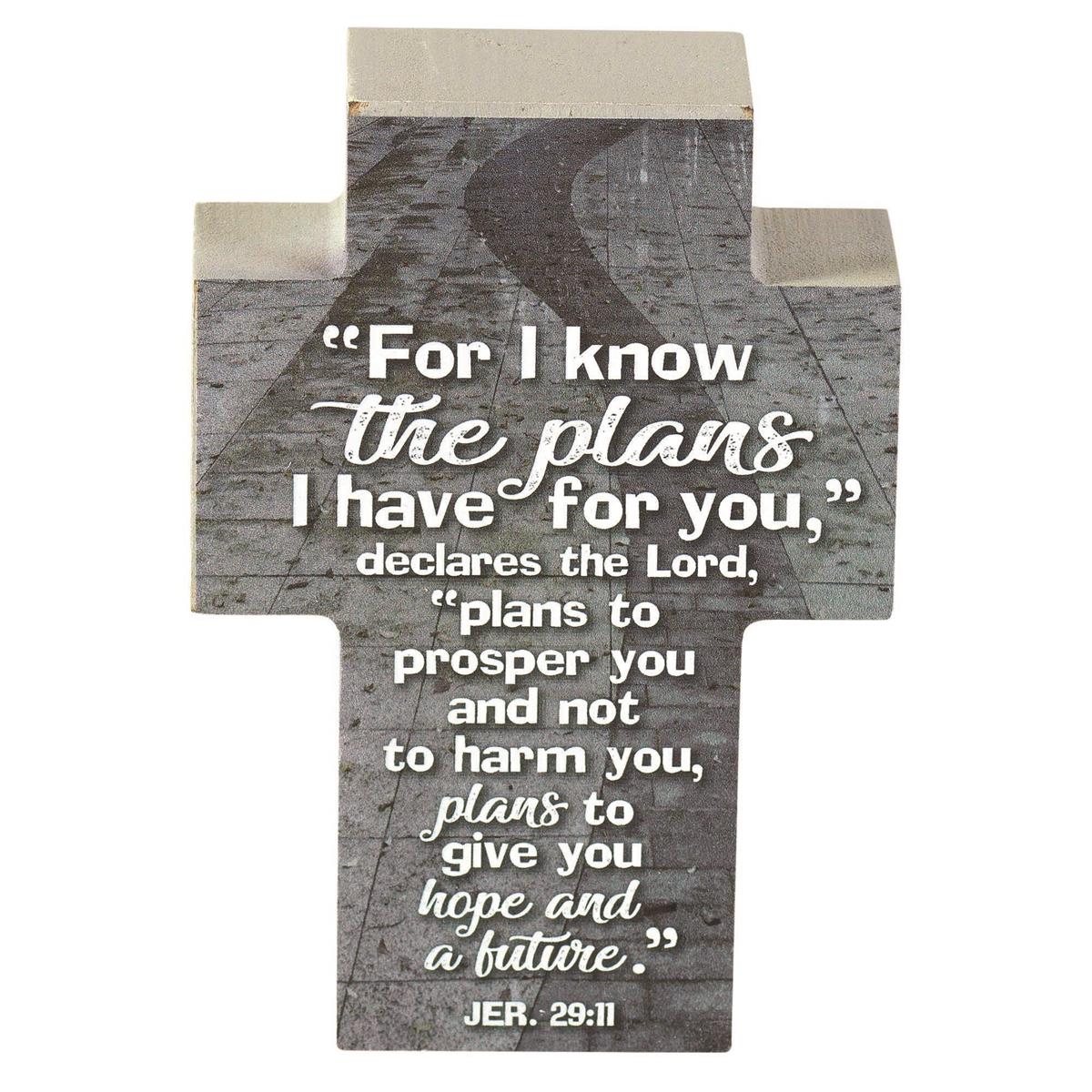 For I Know The Plans I Have For You Grey 4 x 3 MDF Table Top Block Cross by Dicksons, product view 2