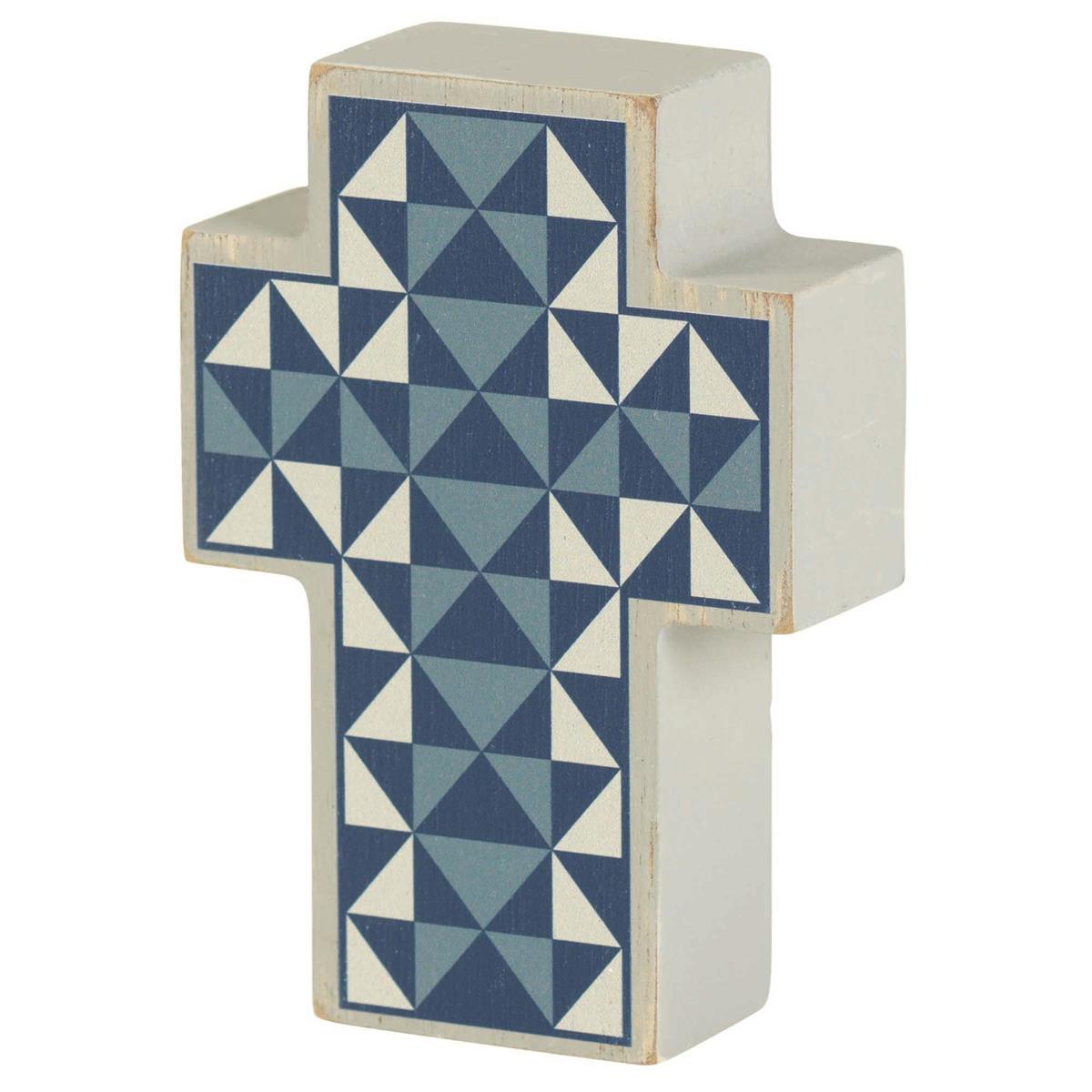 Quilted Pattern Decorative Block Style Blue and White 4 x 2.75 MDF Tabletop by Dicksons