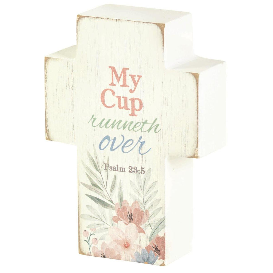 My Cup Runneth Over Floral Design Distressed Finish White 4 x 2.75 MDF Tabletop by Dicksons
